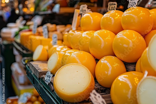 Round ball Edam cheese on market stall, Edammer kaas with a pale yellow or paraffin wax, Generative ai