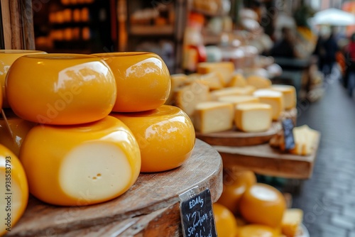 Round ball Edam cheese on market stall, Edammer kaas with a pale yellow or paraffin wax, Generative ai