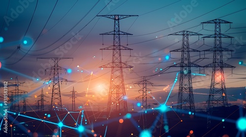 Silhouette of power lines against a sunset sky, with glowing dots depicting the flow of electricity. The image represents the power infrastructure and the interconnectedness of the electrical grid.