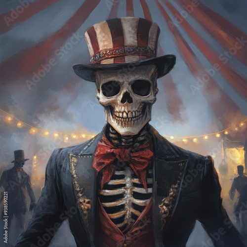 Eerie ringmaster with a skeletal face, commanding ghostly circus performers in a fog-filled tent, [Halloween circus], [spooky ringleader]