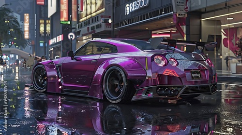 A vibrant, modified sports car parked in a neon-lit urban setting, reflecting rain on the pavement.