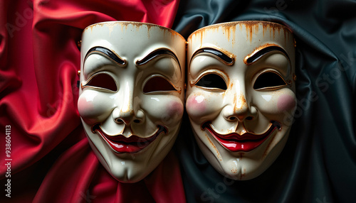 Anonymous Masks with Sinister Smiles Against Red and Blue Fabric