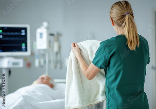 Healthcare worker gently placing blanket over patient, viewed from the back, serene environment, care, warmth