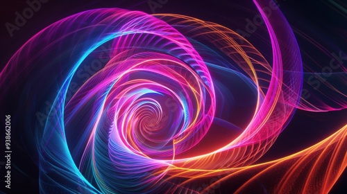 Abstract colorful light swirl creating a dynamic and vibrant spiral pattern. Ideal for backgrounds, artworks, and design projects.