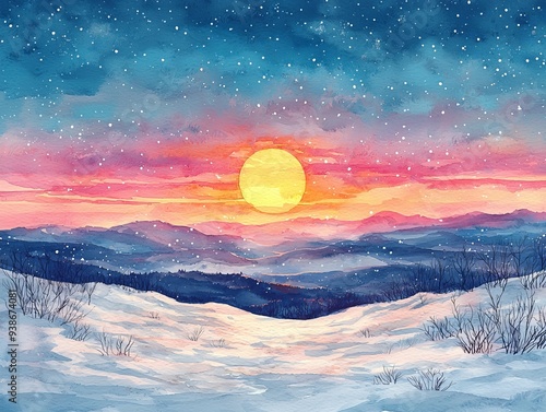 Serene December Solstice Sunrise in a Watercolor Winter Wonderland