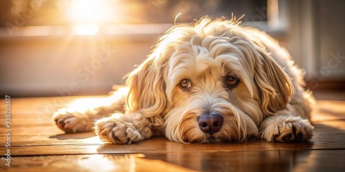 Close-up of a small shaggy dog lying on a cosy wooden floor in the sun , dog, pet, shaggy, cozy, wooden floor, sunny, day