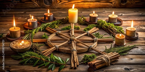 Wiccan altar for Imbolc sabbat with Brigid's cross amulet, candles, wheel of the year on a wooden table, Imbolc