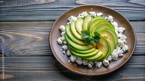 Plate featuring sliced avocado topped with creamy cottage cheese, avocado, cottage cheese, healthy, breakfast, brunch, fresh