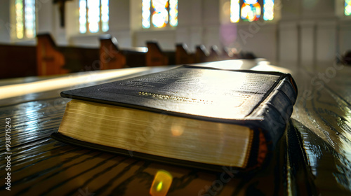 A close-up of an Bible on the table soft sunlight streaming in through the window, blurred to focus background