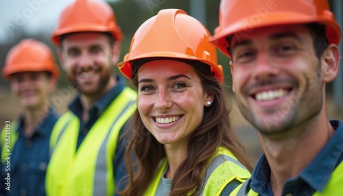 Smiling construction workers wearing orange helmets and safety vests at a construction site.