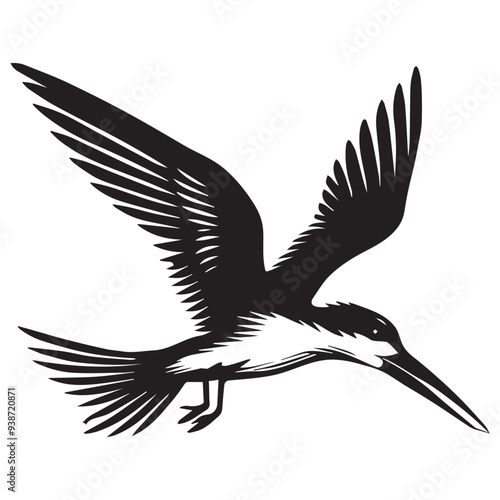 Black Skimmer Silhouette, Rynchops Niger Bird Clipart, Black Skimmer scooping water while flying Illustration in black and white