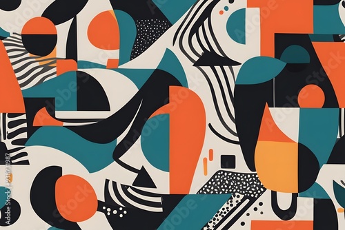 A modern art inspired pattern with bold contrasting colors and abstract forms, AI Generated