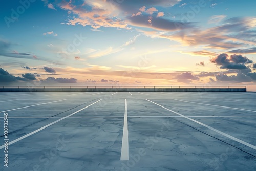 Empty parking lot under a vibrant sunset sky with dramatic clouds and calm sea in the background, offering a serene and tranquil atmosphere.