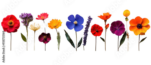 Vibrant colorful flower bouquet with stems isolated on black background