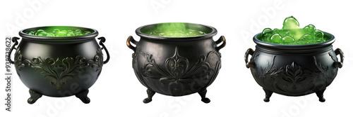 green potion brewing in a black cast iron witch cauldron isolated on transparent background