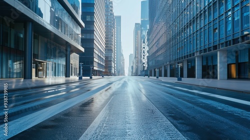 Low angle view of empty city street with white road markings and tall buildings showcasing urban infrastructure and modern architecture