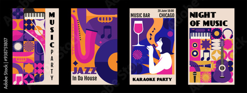 Poster Bauhaus food, music bar and karaoke. Abstract graphic modern invitation. Restaurant drink icon. Background cooking bar design. Dinner and lunch, guitar party. Vector geometric art illustration