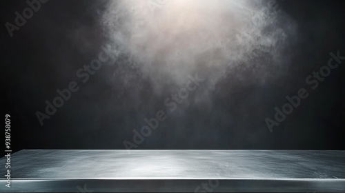 Dark grey background featuring an empty table illuminated by a spotlight, creating a blank steel texture surface ideal for product display in e-commerce or advertising concepts. This minimalistic setu