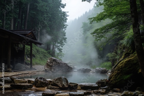 Mystical Hot Springs in a Foggy Forest.