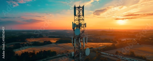 Aerial View of Telecommunications Tower in Rural Countryside Sunset Landscape