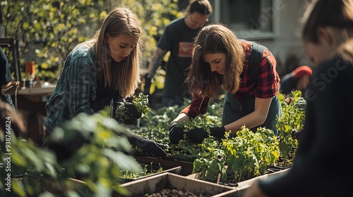 A group of young individuals engaged in sustainable gardening, planting vegetables and herbs in a community garden setting, promoting teamwork and environmental awareness. 