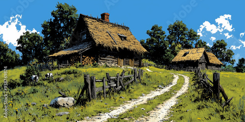 rural landscape, illustration for a comic book