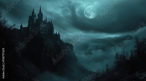 Dracula. haunted scary vampire. castle on a mountain during spooky misty dark night with full moon