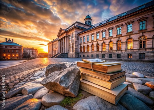 Ateneum's grandeur amidst ancient books and worn stones, lit by diffused sunset glow, capturing the mood of nostalgia, through a wide-angle lens 