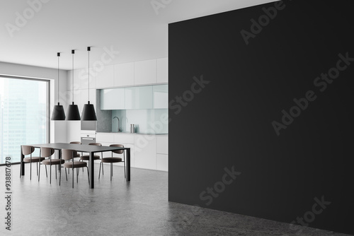 Modern kitchen interior with blank wall for mockup. 3D Rendering