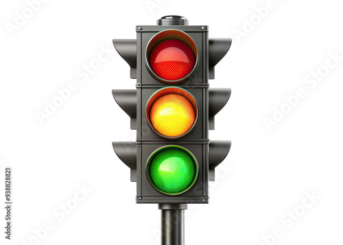 A traffic light with a black metal frame and a black pole is positioned against a white backdrop. The lights are circular and display red, yellow, and green. The green light is lit, indicating that tr