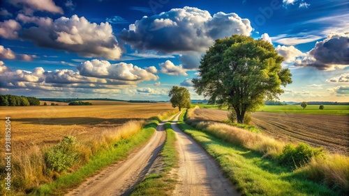 A long, winding dirt path stretches into the distance, flanked by vast open fields and scattered trees, under a bright blue sky with few clouds.