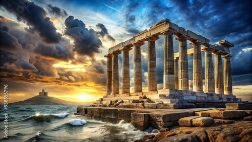 An Ancient Greek Temple Dedicated To Poseidon, The God Of The Sea, Standing Amidst Towering Columns And Atmospheric Ruins