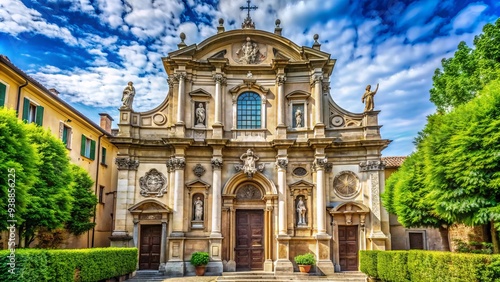 Ancient stone cathedral façade with intricate carvings and ornate details sits amidst vibrant greenery in the charming historic center of Novara, Piedmont, Italy.