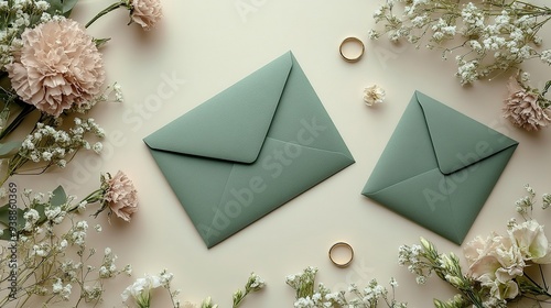 Feminine wedding stationery set with blank greeting cards, green envelopes, and dried flowers featuring golden rings on a pastel beige background. Rustic wedding invitation cards flat lay