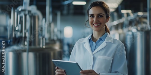 Smiling woman in lab coat uses tablet, safety and quality control in a production facility