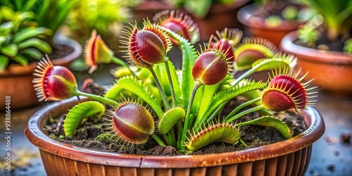 Venus flytrap in pot with open red traps, additional mouths, peat moss, and emerging suckers a unique and captivating display of carnivorous plants in a home garden setting