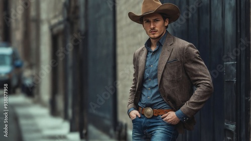 Young man standing sidewalk city He is wearing A cowboy stands