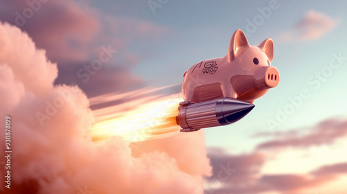 Piggy bank equipped with a rocket booster flies through the cloud-filled sky,leaving a trail of fire and smoke in its wake.Scene combines elements of whimsy and fantasy,suggesting financial growth.AI 