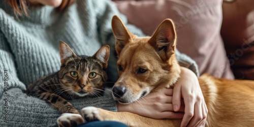 The close up picture of the pets like cat and dog that has holding by human hand, the vet or veterinarian is medical professional who specializes in the diagnosis, treatment and care of animal. AIG51.