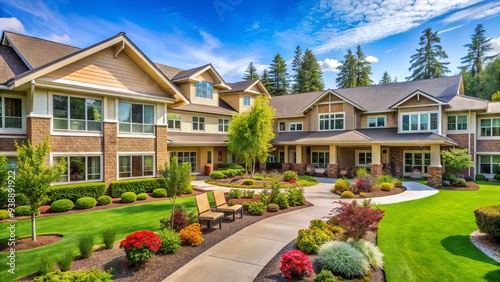 Cozy exterior of a senior living community with modern apartments, lush greenery, and a tranquil atmosphere, promoting independence and comfort for elderly residents.