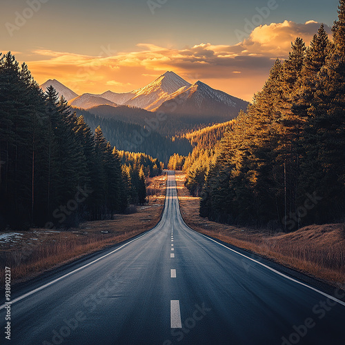 A clean tarmac road with trees and mountains in the background