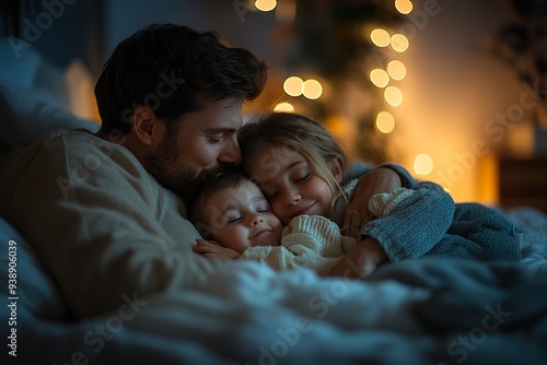 Show parents tucking their children into bed with goodnight kisses