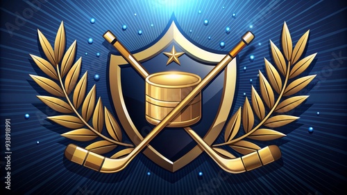 Golden hockey puck and stick crossed over a stylized shield, surrounded by stars and leaves, on a dark blue background, conveying excellence and championship spirit.