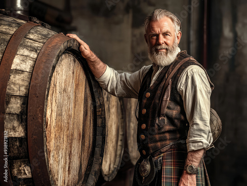 Portrait of a Middle-Aged Scottish Man in Traditional Highland Attire with Whisky Barrel