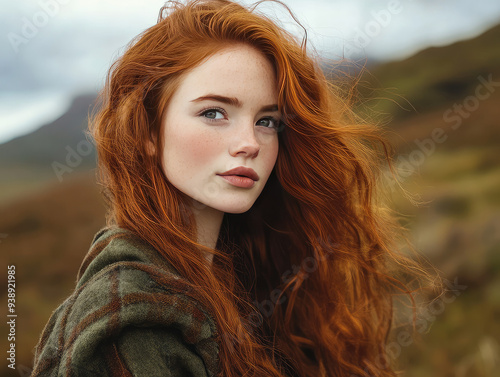 Portrait of a Young Beautiful Red-Haired Scottish Woman in a Serene Highland Landscape