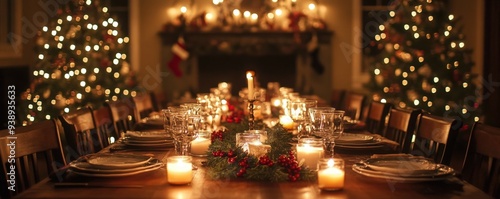 Elegant dining table set for a holiday feast, softly lit by overhead warm LED chandeliers and candlelight