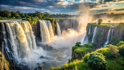 Majestic Victoria Falls plunges into the Zambezi River, creating a misty veil that surrounds the lush greenery of the African savannah landscape.