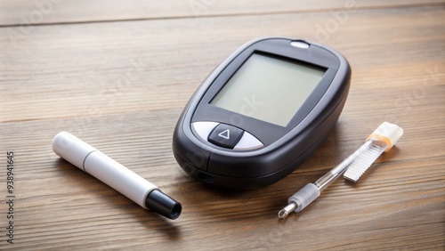 Modern blood glucose meter with test strips and lancet on a table, used for daily diabetes management and monitoring blood sugar levels.