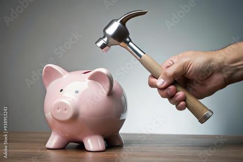 Hand hold hammer to break piggy bank. Financial crisis