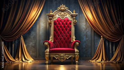 Regal ornate gold throne with crimson velvet cushion, satin drapes, and intricate carvings, set against a dark mysterious background, evoking power and royalty.